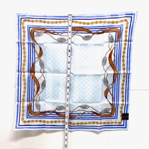 New Trendy Celine Paris Mini Scarf 20"Cotton/Silk blue gold chain  belt logo( 56 - Picture 5 of 7